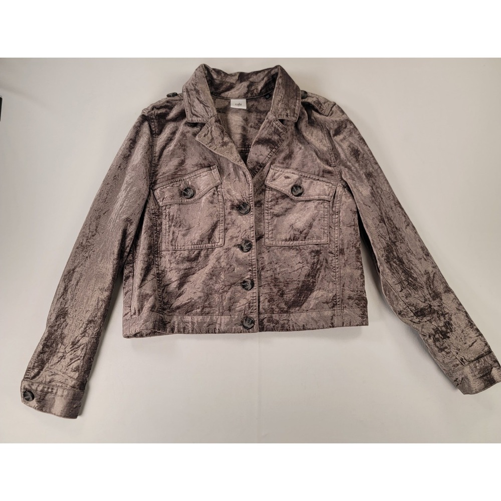 Cabi Crushed Velvet Jacket Medium Taupe Shimmer Crop Utility Button Front